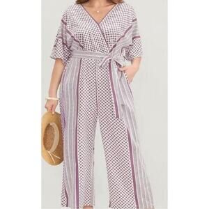 🔥SALE 12 Large Plus Size Mauve BloomChic Jumpsuit V Neck Wide Leg Stretchy Wrap